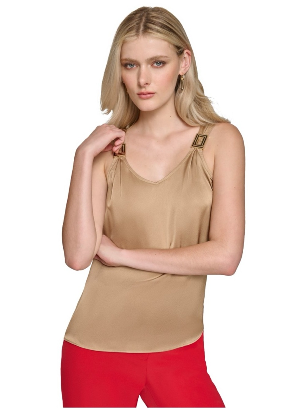 Karl Lagerfeld Paris V Neck Hardware Tank Cartouche Brown Medium NWT Satin Top - Picture 5 of 8